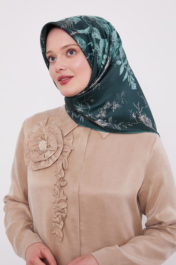 Zümrüt Yeşili Soyut Gül Desen Twill İpek Eşarp