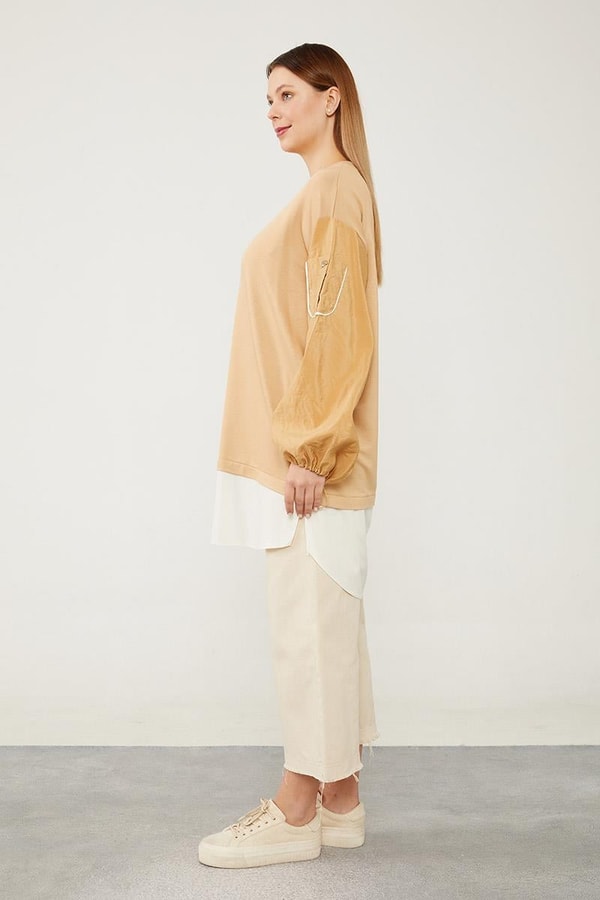 Levidor StudioLevidor Studio Camel Bisiklet Yaka Yazı Baskılı Sweat Tunik