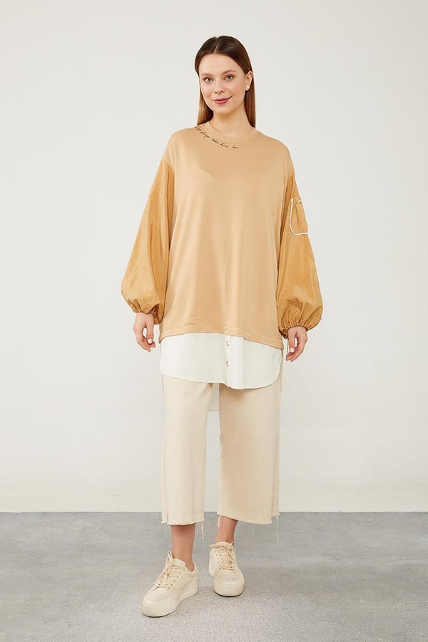 Levidor StudioLevidor Studio Camel Bisiklet Yaka Yazı Baskılı Sweat Tunik