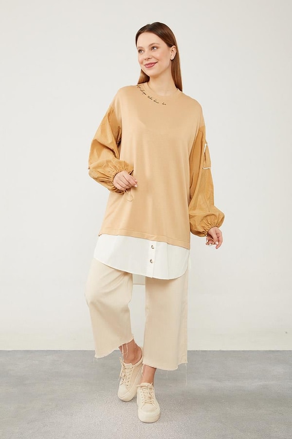 Levidor StudioLevidor Studio Camel Bisiklet Yaka Yazı Baskılı Sweat Tunik