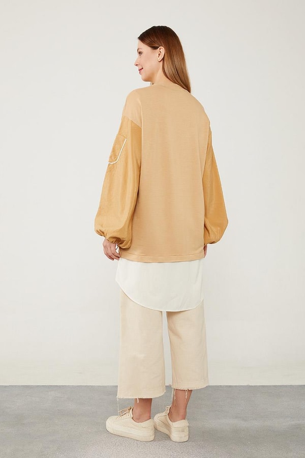 Levidor StudioLevidor Studio Camel Bisiklet Yaka Yazı Baskılı Sweat Tunik