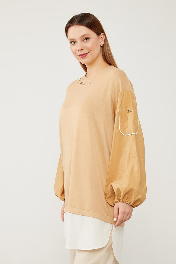 Levidor StudioLevidor Studio Camel Bisiklet Yaka Yazı Baskılı Sweat Tunik