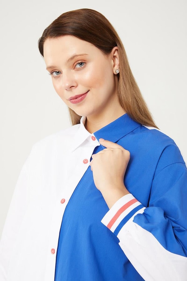 Levidor StudioLevidor Studio Ekru-Saks Çift Renk Ribanalı Poplin Gömlek