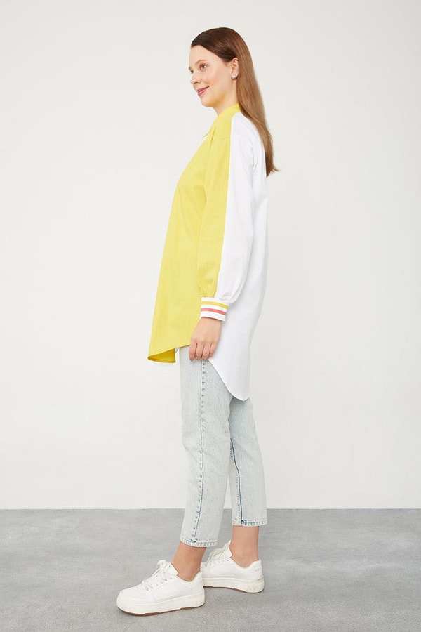 Levidor StudioLevidor Studio Ekru-Yeşil Çift Renk Ribanalı Poplin Gömlek