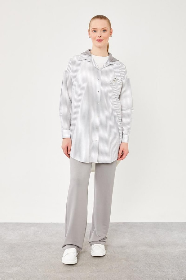 Levidor StudioLevidor Studio Gri Kapüşonlu Poplin Kumaş Karışımlı Spor Takım