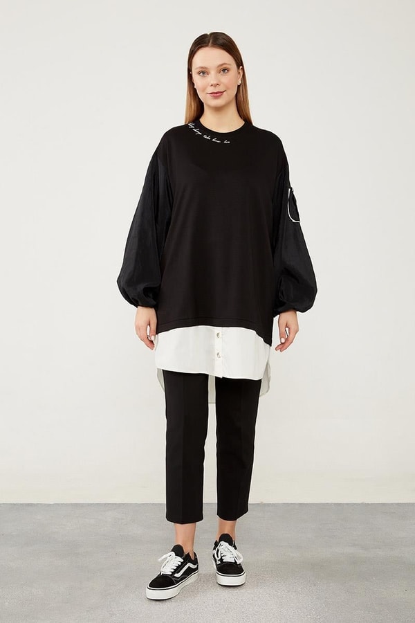 Levidor StudioLevidor Studio Siyah Bisiklet Yaka Yazı Baskılı Sweat Tunik