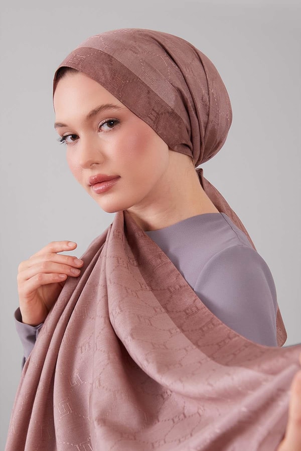 LevidorA.Kahve Petek İşlemeli Monogram Şal