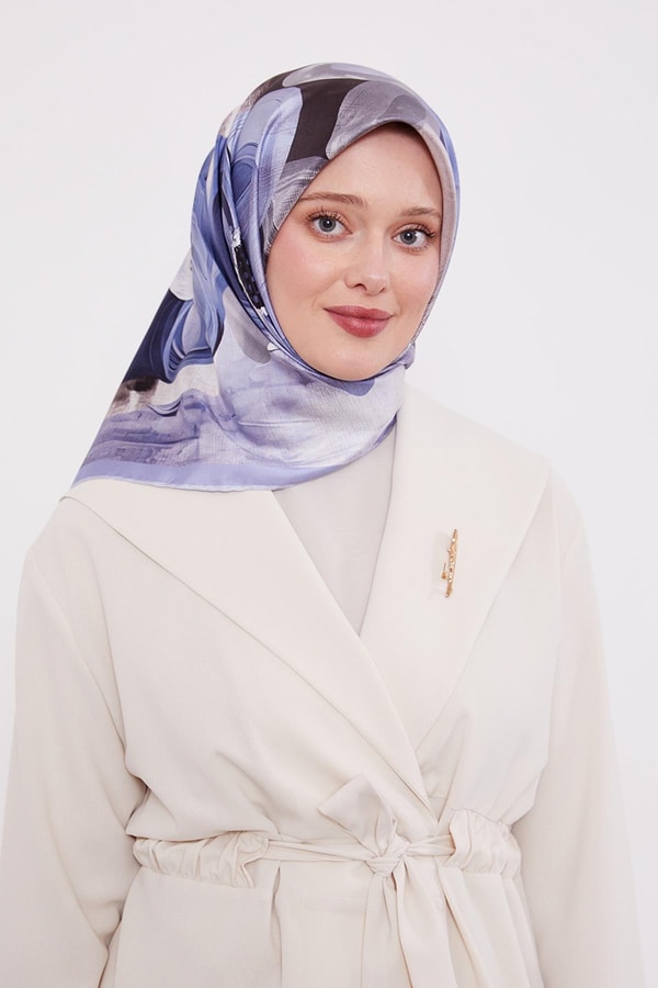 LevidorA.Mavi Menekşe Desen Twill İpek Eşarp