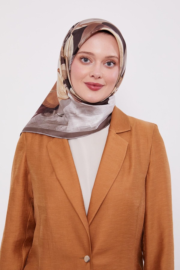 LevidorA.Kahve Menekşe Desen Twill İpek Eşarp