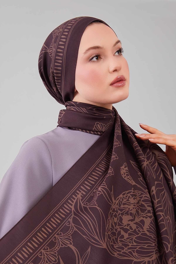 LevidorA.Kahve Çiçek Desenli Yün İpek Şal