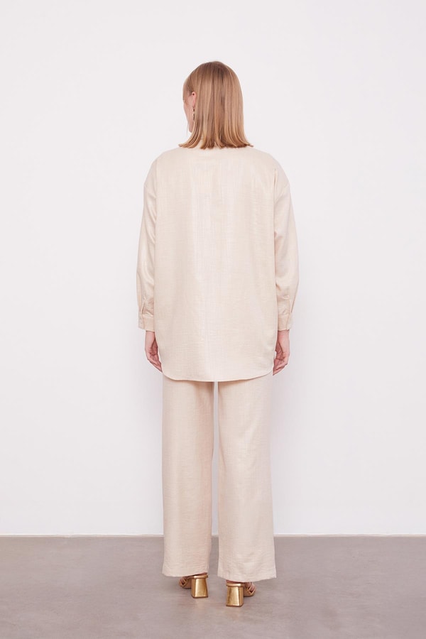 LevidorA.Bej Nakış Gül Detaylı Tunik Takım