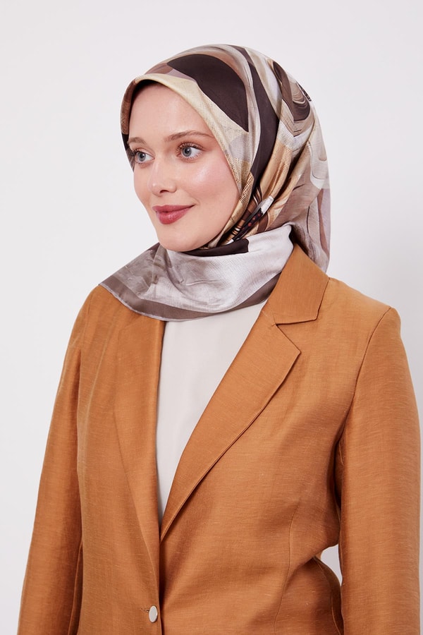 LevidorA.Kahve Menekşe Desen Twill İpek Eşarp