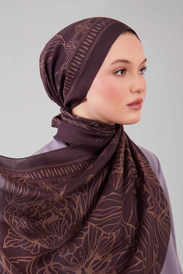 LevidorA.Kahve Çiçek Desenli Yün İpek Şal