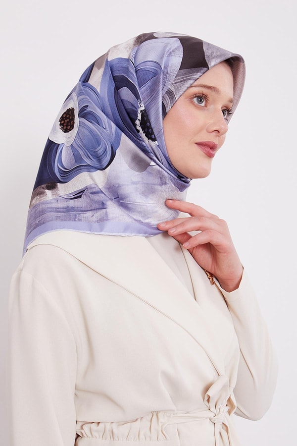 LevidorA.Mavi Menekşe Desen Twill İpek Eşarp
