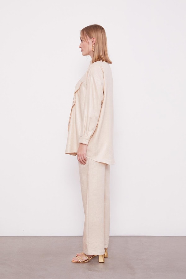 LevidorA.Bej Nakış Gül Detaylı Tunik Takım