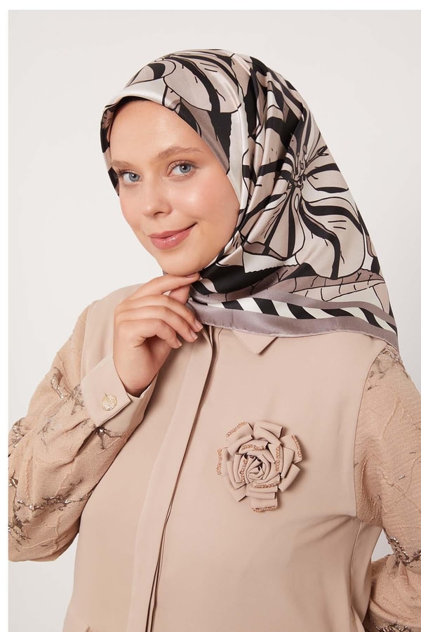 LevidorA.Vizon Zambak Desen Twill İpek Eşarp