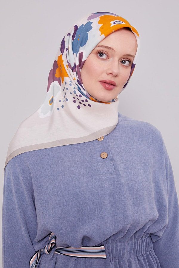 LevidorA.Gri Soyut Çiçek Desen Aura Eşarp