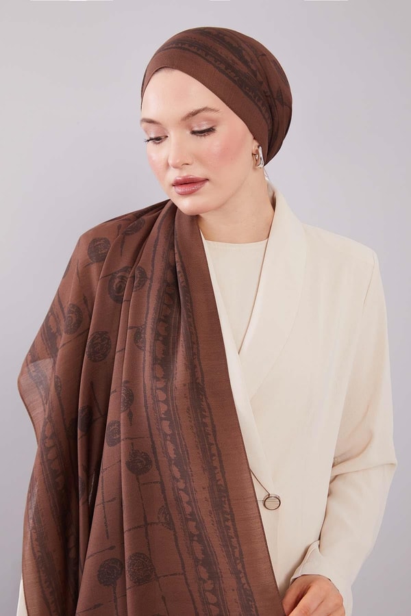 LevidorA.Kahve Yuvarlak Desenli Yün İpek Şal