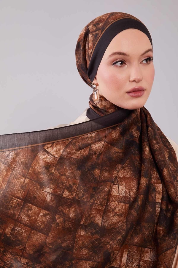 LevidorAcı Kahve Baklava Desen Yün İpek Şal