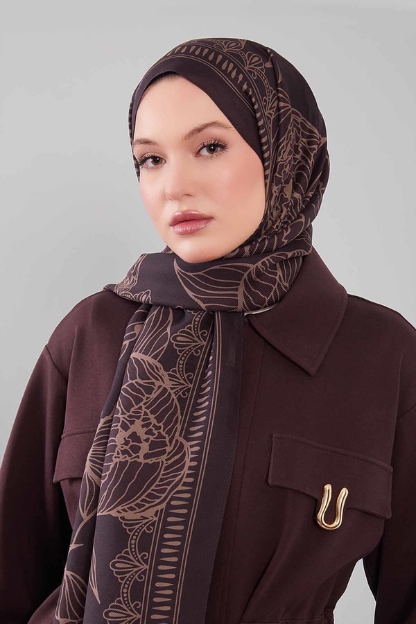 LevidorAcı Kahve Çiçek Desenli Yün İpek Şal