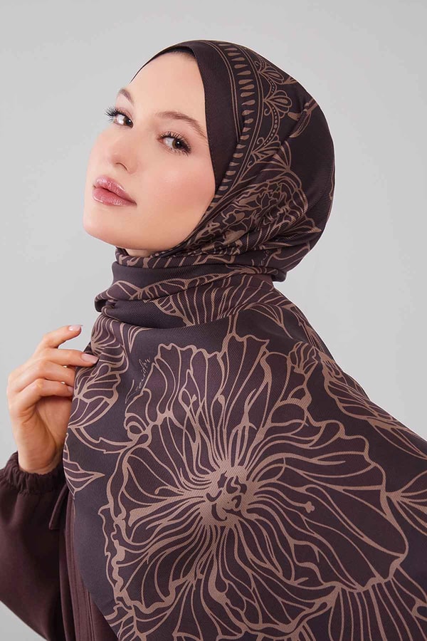LevidorAcı Kahve Çiçek Desenli Yün İpek Şal