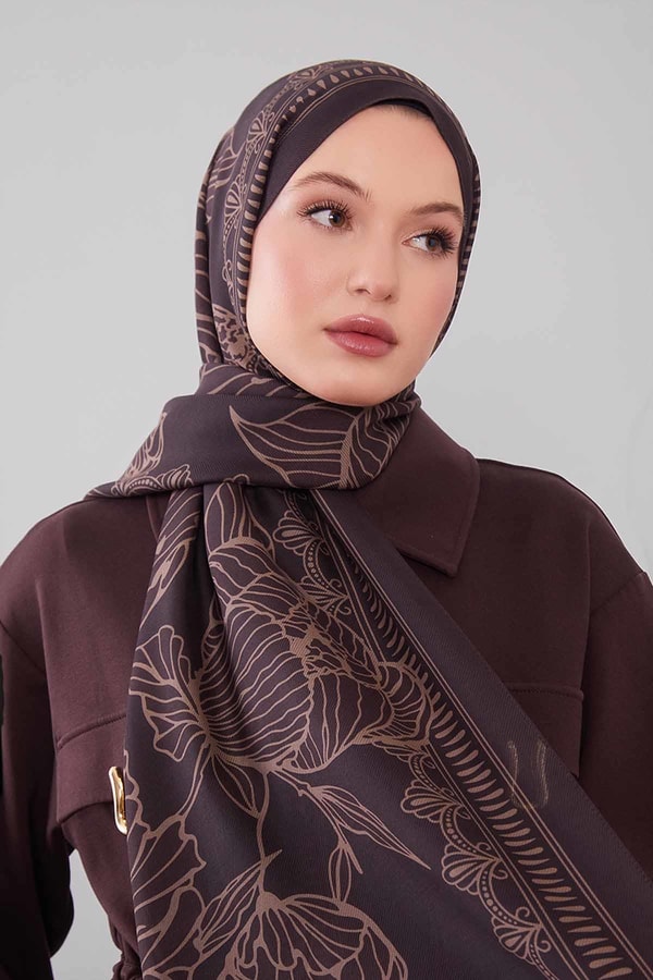 LevidorAcı Kahve Çiçek Desenli Yün İpek Şal