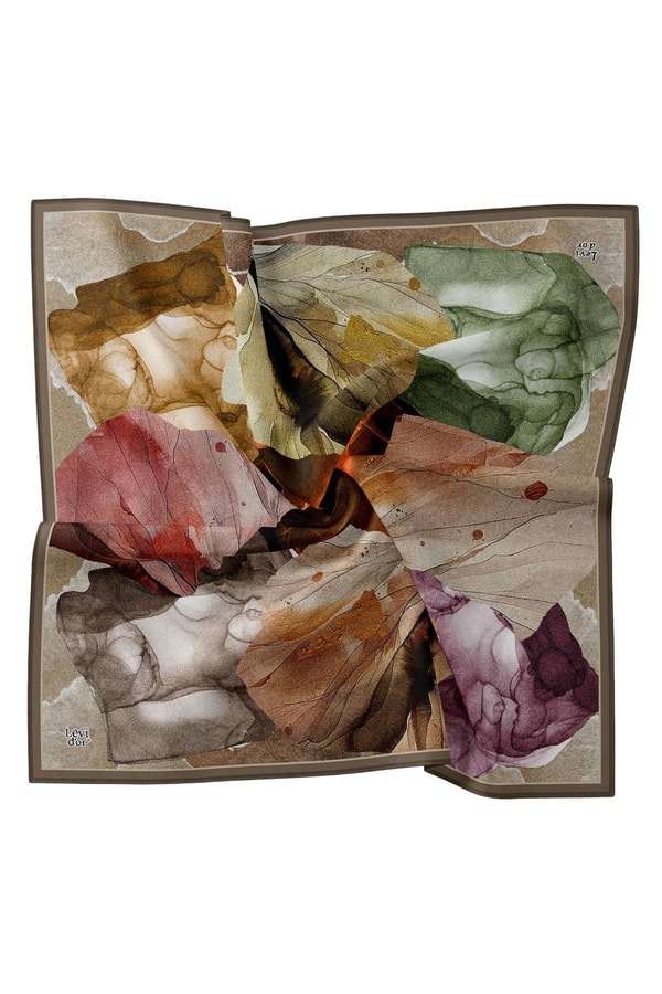 LevidorAcı Kahve Ebruli Desen Twill İpek Eşarp