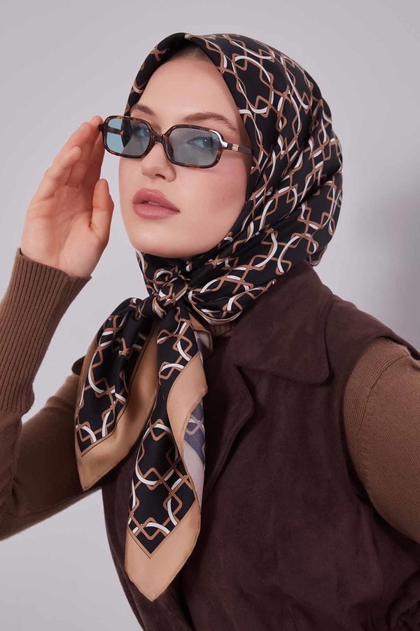 LevidorAcı Kahve Eliptik Desen Twill İpek Eşarp