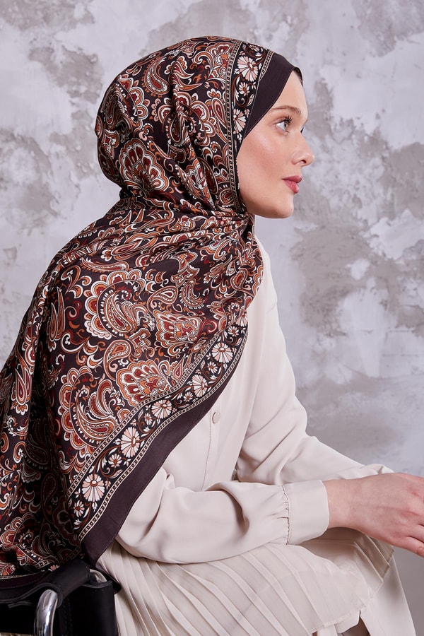 LevidorAcı Kahve Etnik Çiçekli Royal Şal