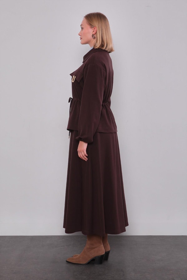 LevidorAcı Kahve Gold Fermuar Detaylı Etek Takım