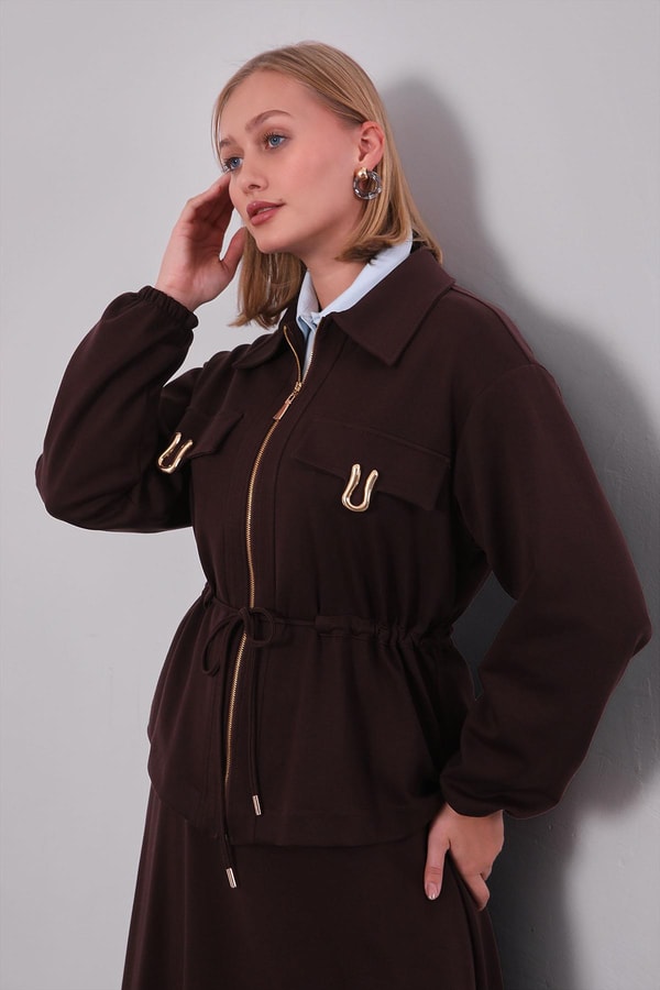 LevidorAcı Kahve Gold Fermuar Detaylı Etek Takım