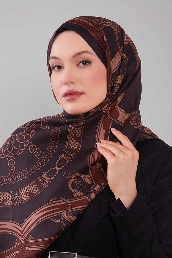 LevidorAcı Kahve Karışık Desenli Yün İpek Şal