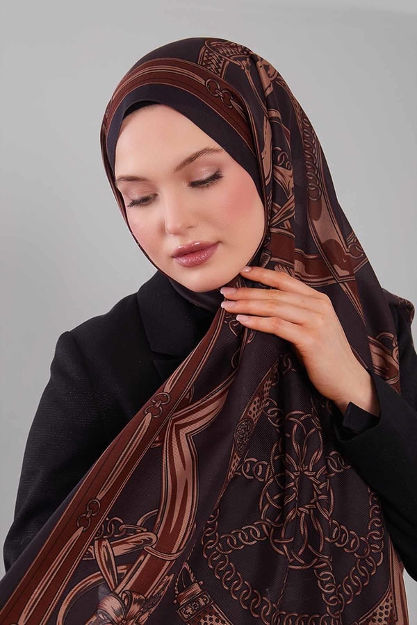 LevidorAcı Kahve Karışık Desenli Yün İpek Şal