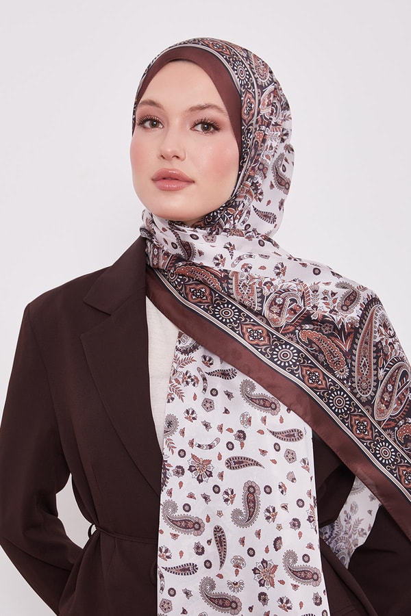 LevidorAcı Kahve Karma Çiçek Hint İpeği Şal