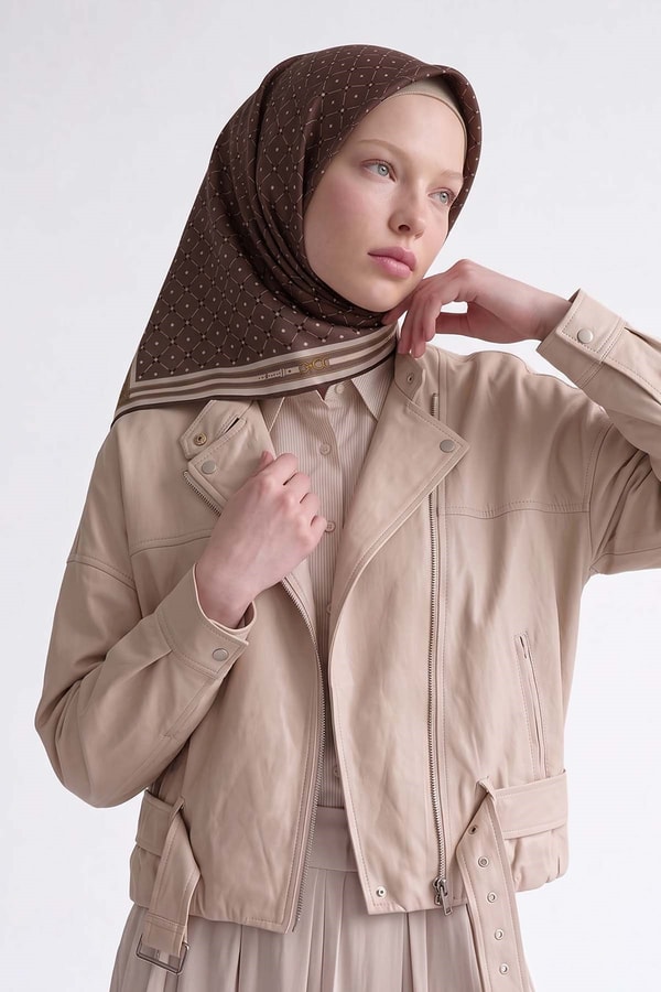 LevidorAcı Kahve Kemer Detaylı Twill İpek Eşarp