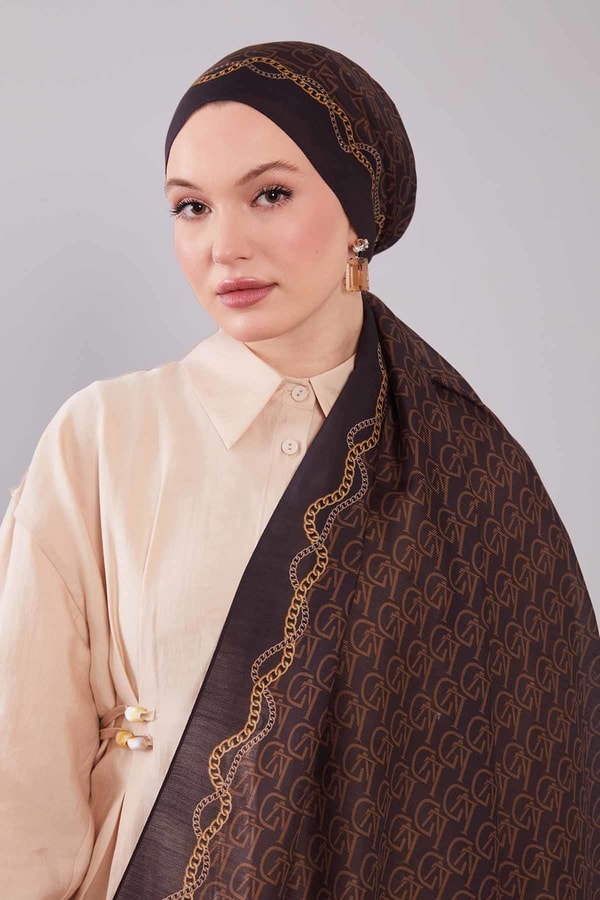 LevidorAcı Kahve LVD Baskılı Yün İpek Şal