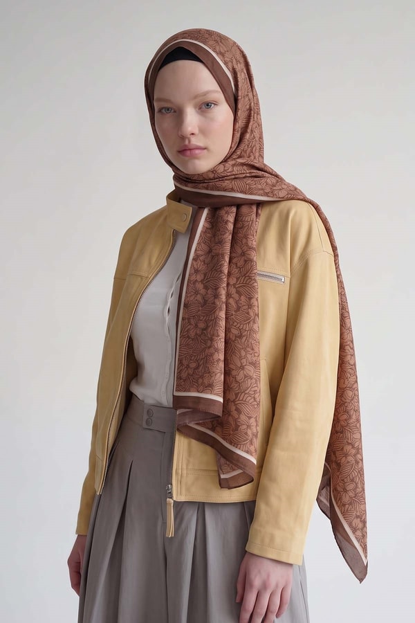 LevidorAcı Kahve Menekşe Desenli Olera Şal