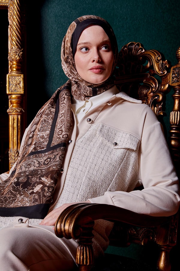 LevidorAcı Kahve Motif Desen Royal Şal