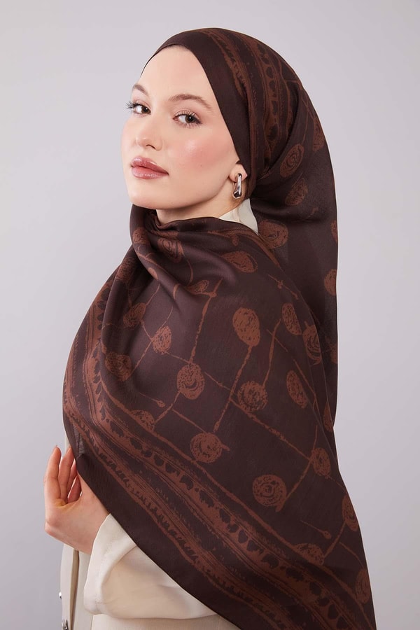 LevidorAcı Kahve Yuvarlak Desenli Yün İpek Şal