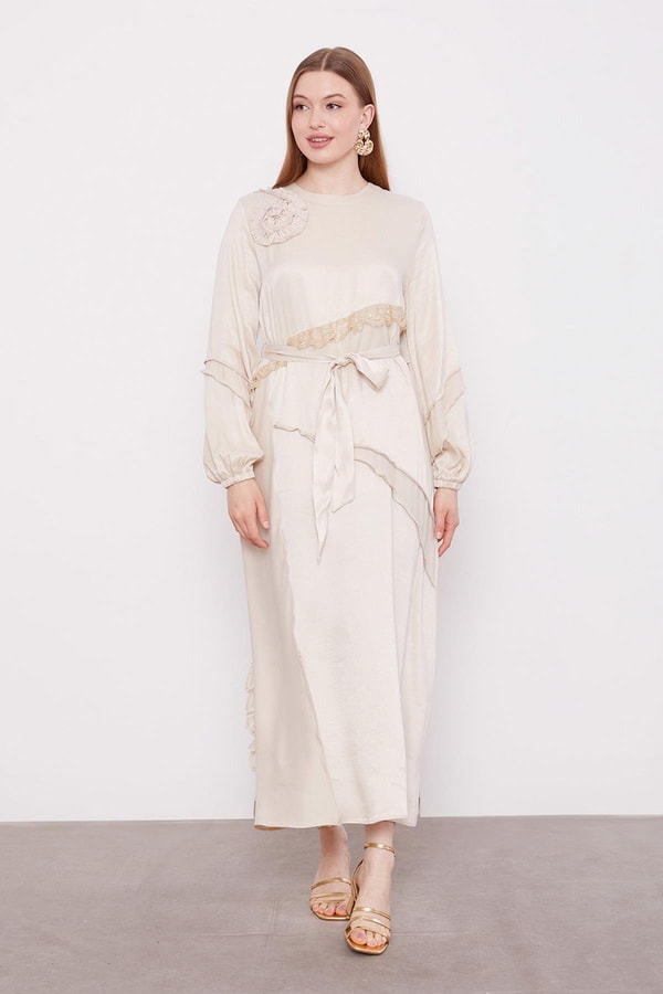 LevidorAÇIK BEJ Dantel Şeritli Cupra Elbise