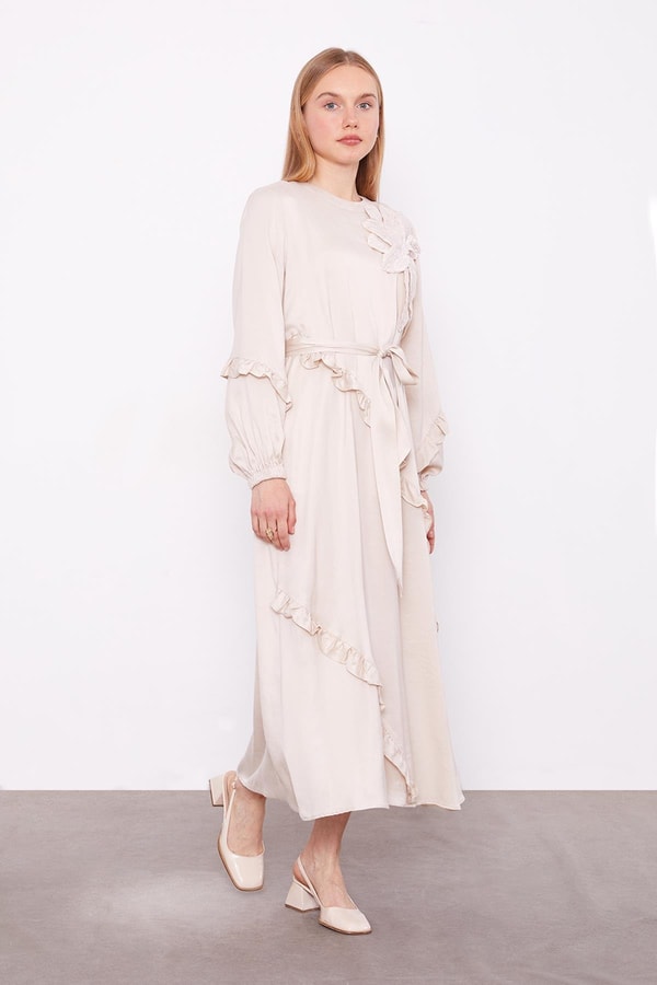 LevidorAÇIK BEJ Yakası Çiçek Detaylı Cupra Elbise