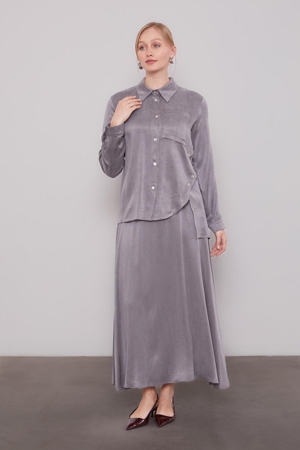 LevidorAntrasit Çapraz Düğme Detay Cupra Etek Takım