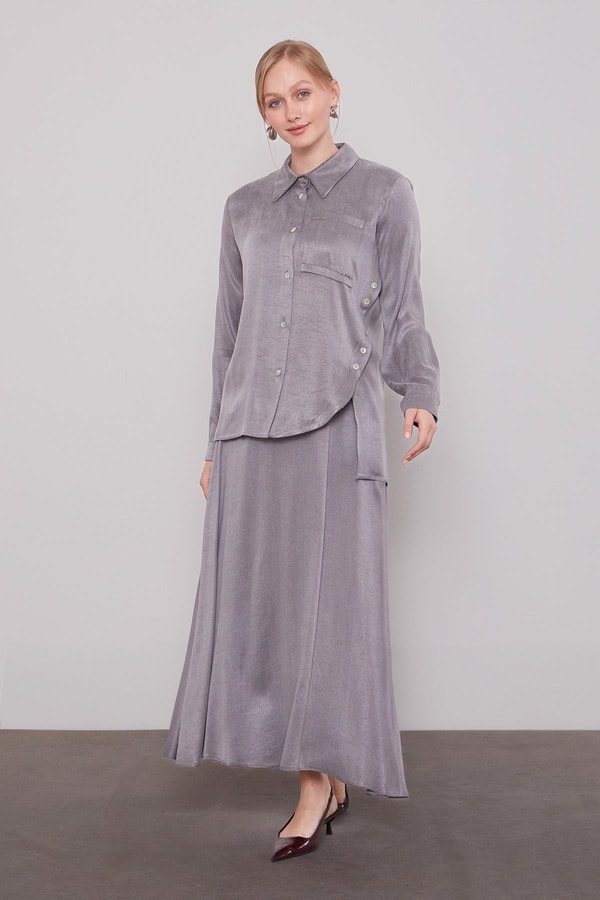 LevidorAntrasit Çapraz Düğme Detay Cupra Etek Takım