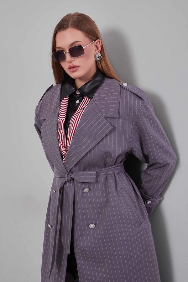 LevidorAntrasit Çizgili Desen Kuşak Kapamalı Trençkot