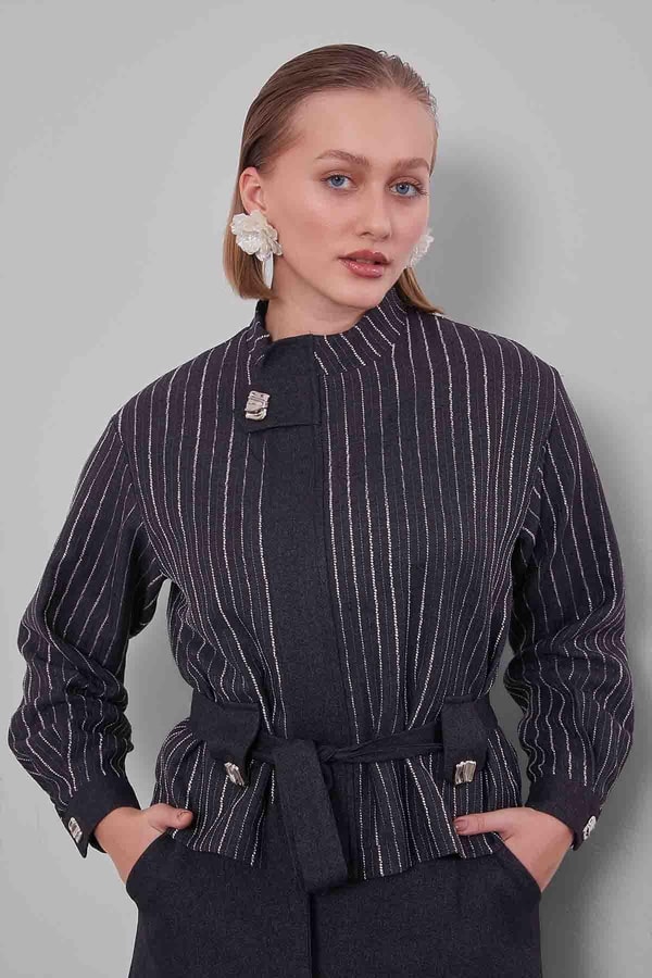 LevidorAntrasit Çizgili Desen Kuşaklı Etek Takım