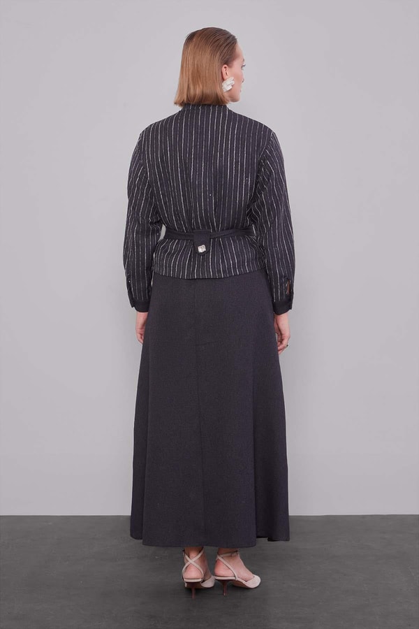 LevidorAntrasit Çizgili Desen Kuşaklı Etek Takım