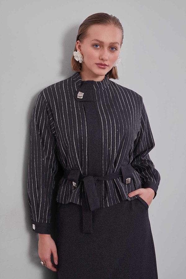 LevidorAntrasit Çizgili Desen Kuşaklı Etek Takım