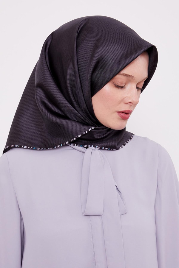 LevidorAntrasit Çizgili Twill İpek Eşarp