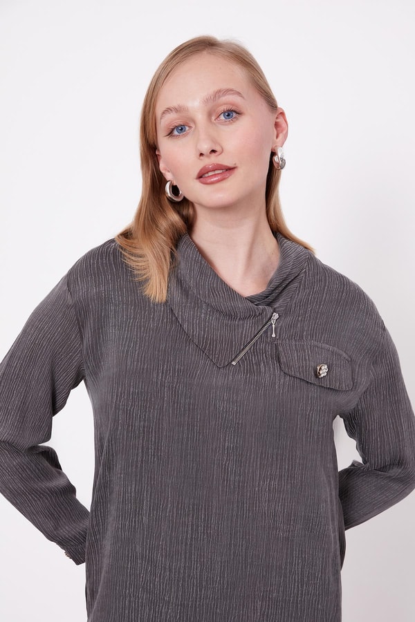 LevidorAntrasit Fermuar Yaka Düğme Cep Detaylı Tunik Takım