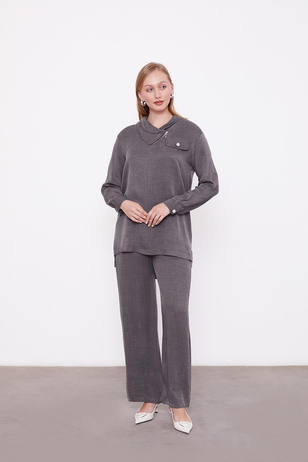 LevidorAntrasit Fermuar Yaka Düğme Cep Detaylı Tunik Takım